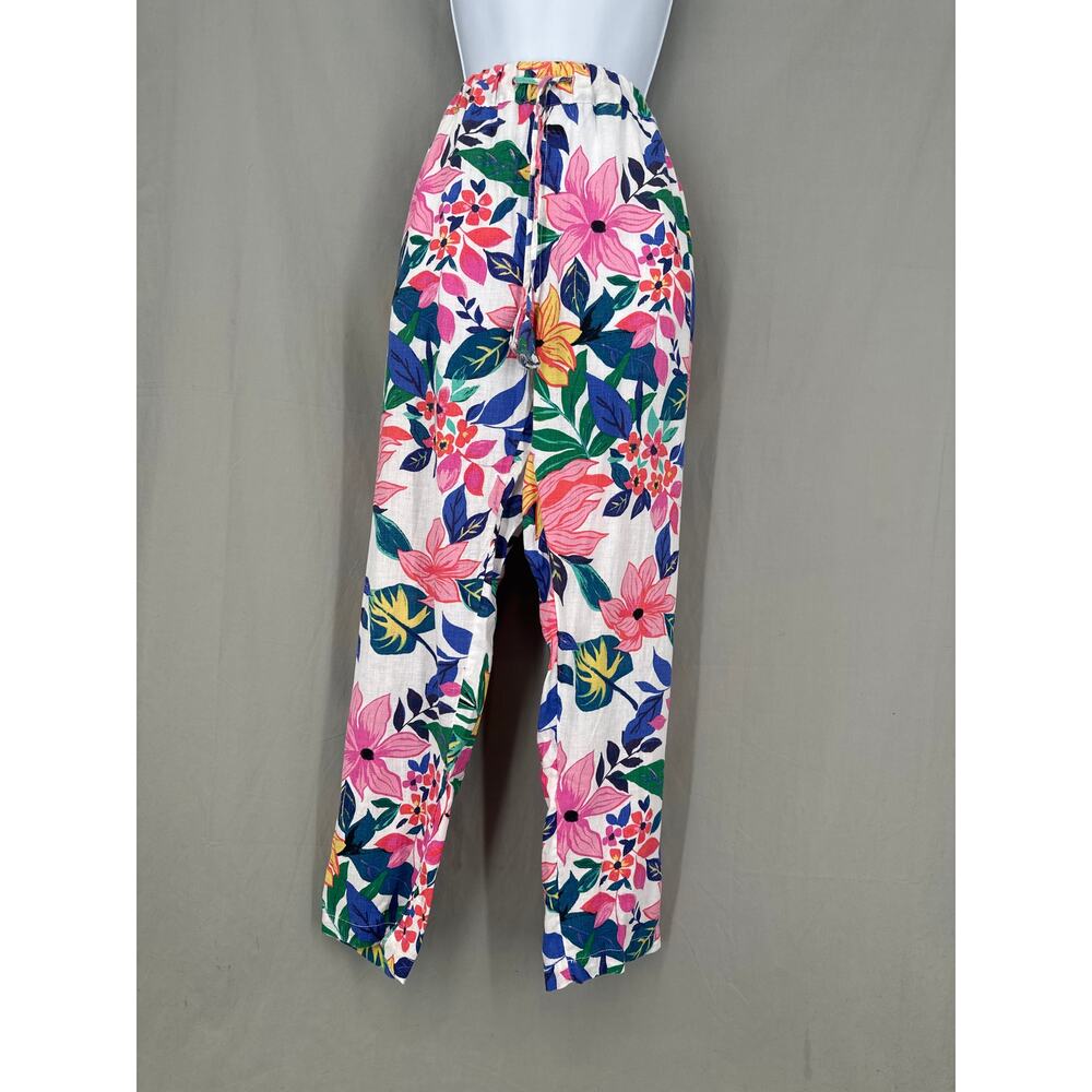 C&C California White Floral Elastic Waist Track Pants with Pink, Green & Blue